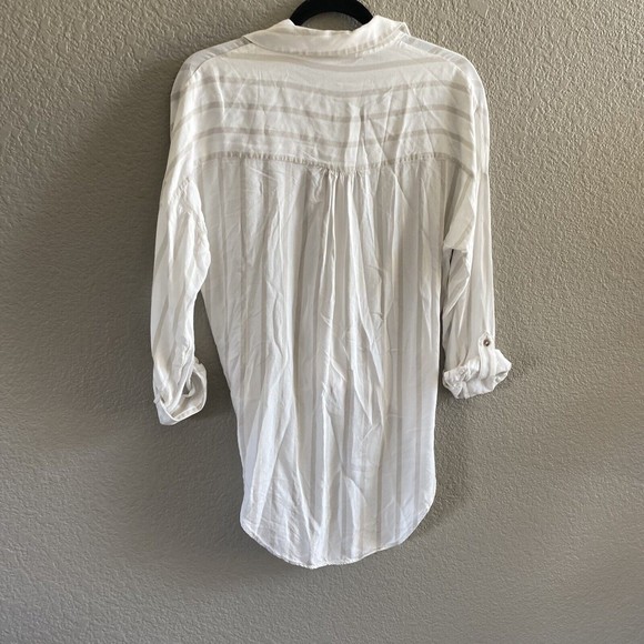 Maeve Sandbridge Anthropologie Button Down Blouse Tie Front White Tan XS - Picture 3 of 11